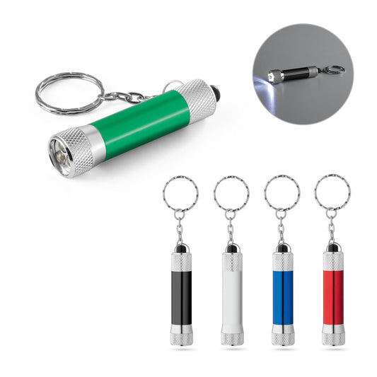 RE-LERGAN. Porta-chaves em alumínio (92% reciclado) com lanterna de 3 luzes LEDs