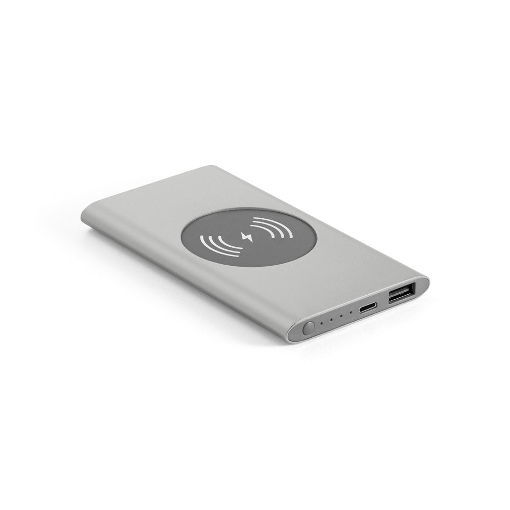 CASSINI. Power bank 4'000 mAh com carregador wireless 5W em alumínio reciclado (100% rAL)
