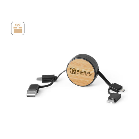 RUBINS. Cabo USB retrátil 6 em 1 em ABS reciclado (100% rABS) e bambu