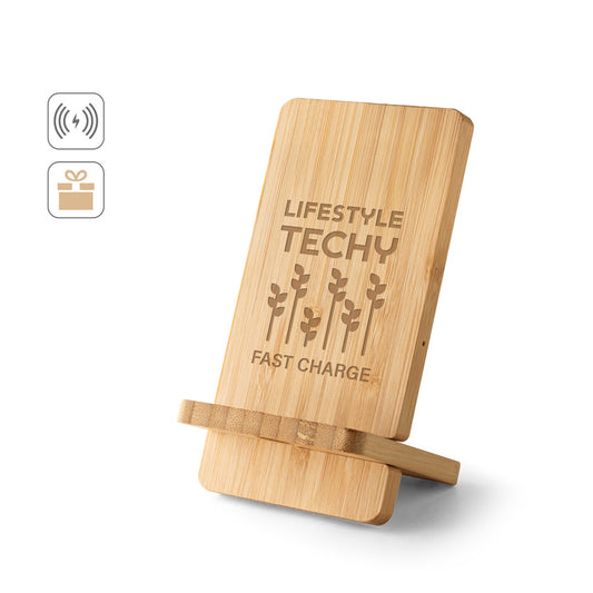 LANGE. Suporte para smartphone com carregador rápido wireless 15W em bambu
