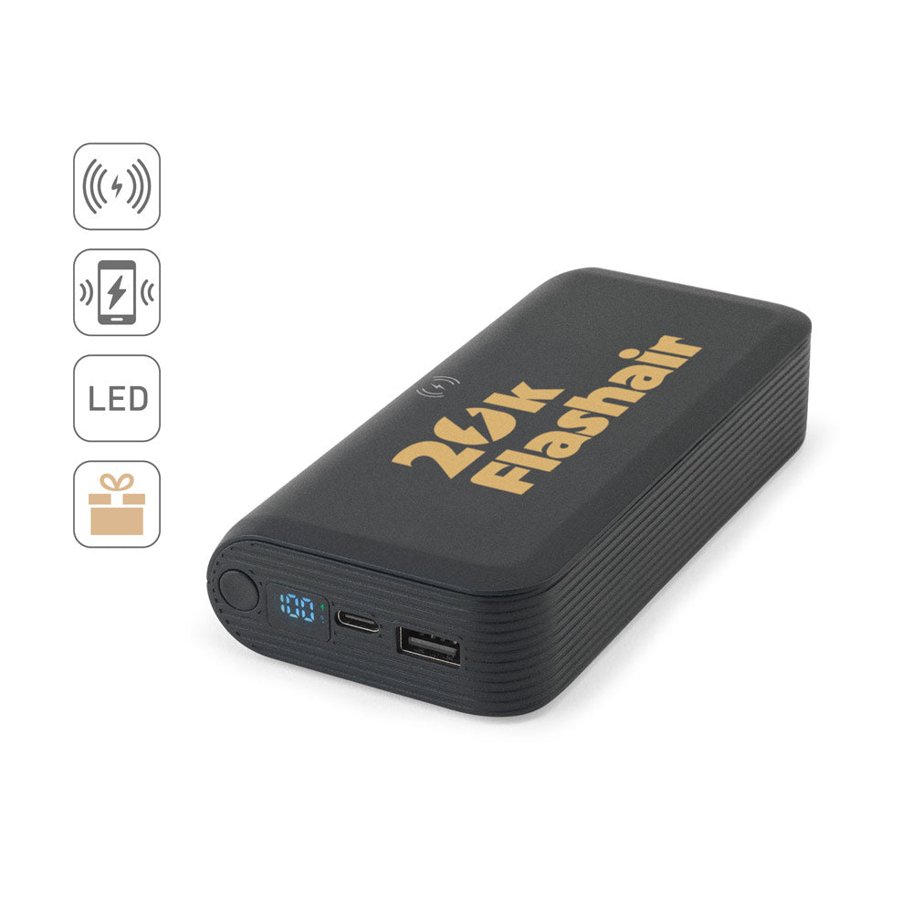 BECKER 20. Power bank 20'000 mAh em ABS reciclado (100% rABS) com carregador wireless super rápido 15W