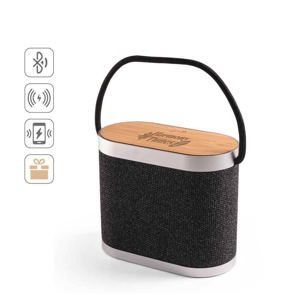 GUETTA. Coluna de som portátil de 5W com carregador wireless super rápido 15W e 2h de autonomia em bambu e PET reciclado (100% rPET)