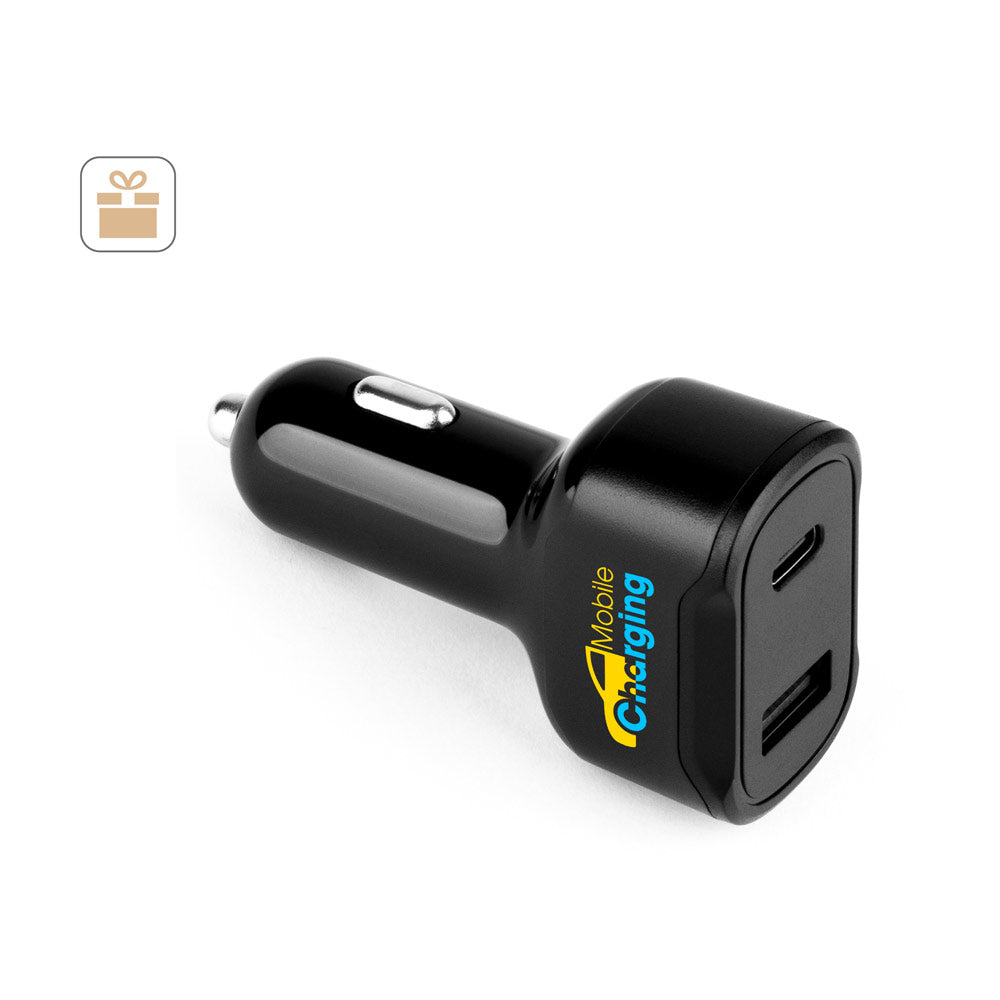 DIRAC. Adaptador de isqueiro com porta USB-A 18W e USB-C 20W em ABS reciclado (100% rABS)
