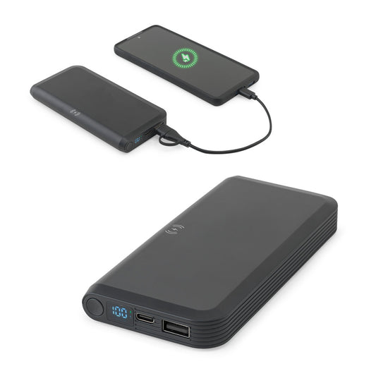 BECKER 10. Power bank 10'000 mAh em ABS reciclado (100% rABS) com carregador wireless super rápido 15W