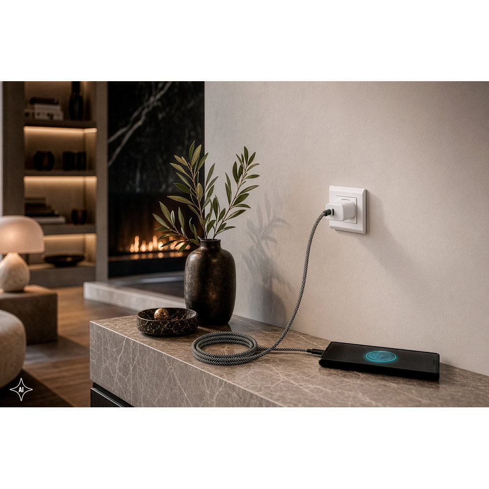 NADELLA. Cabo USB-C para USB-C com cordão entrelaçado (60 W)e sistema magnético que facilita o enrolamento, em poliéster