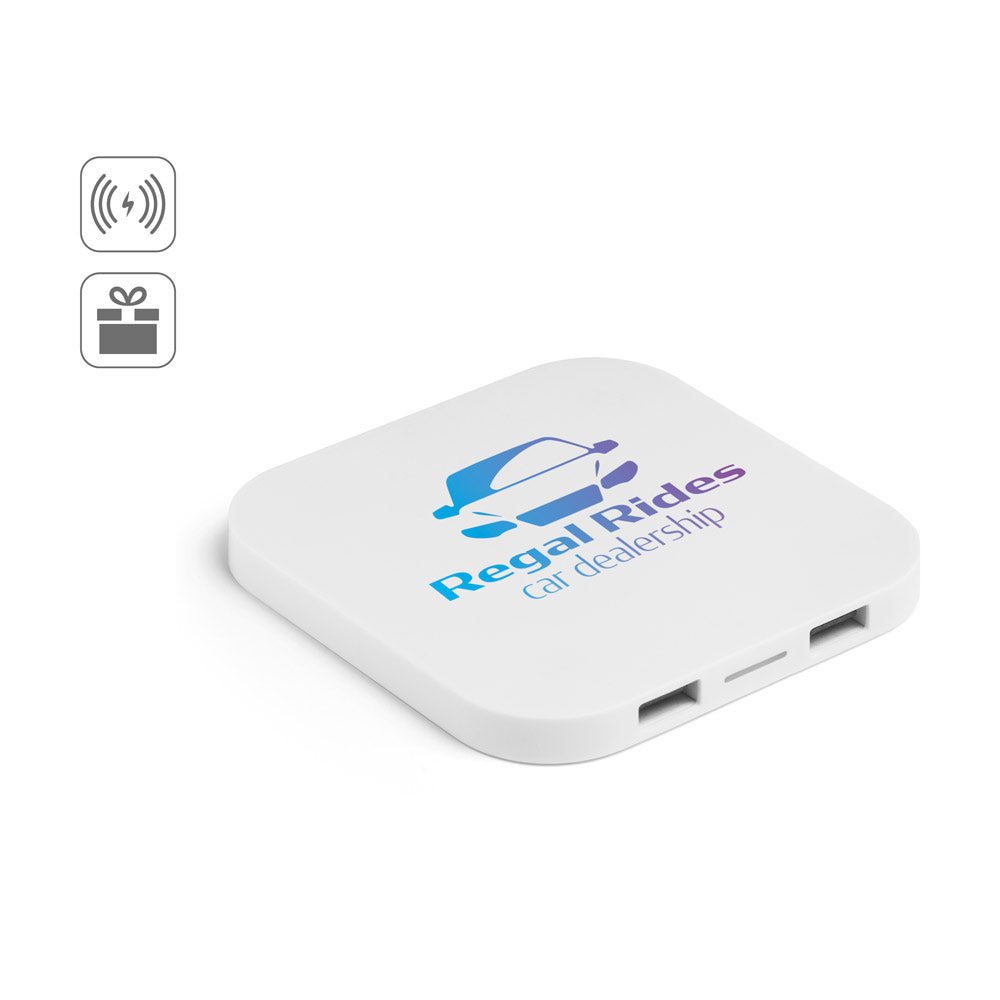 CAROLINE. Carregador wireless super rápido 15W com HUB 2 portas USB-A em ABS reciclado (60% rABS)