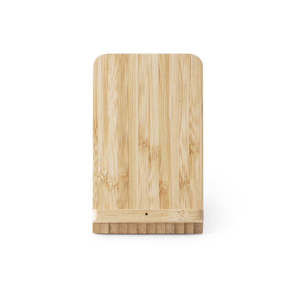 LEAVITT. Suporte para smartphone e porta esferográficas com carregador wireless rápido 10W em bambu