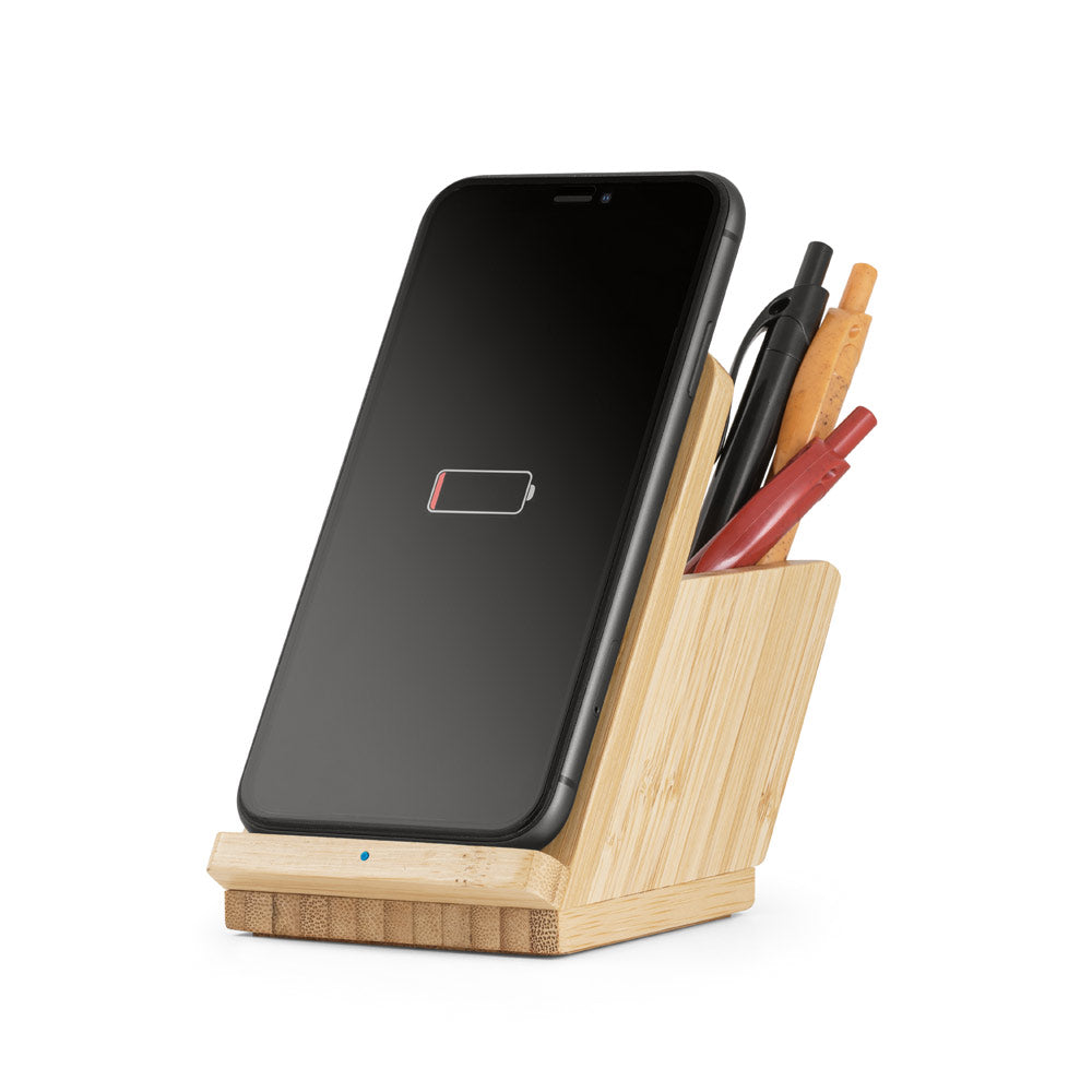 LEAVITT. Suporte para smartphone e porta esferográficas com carregador wireless rápido 10W em bambu