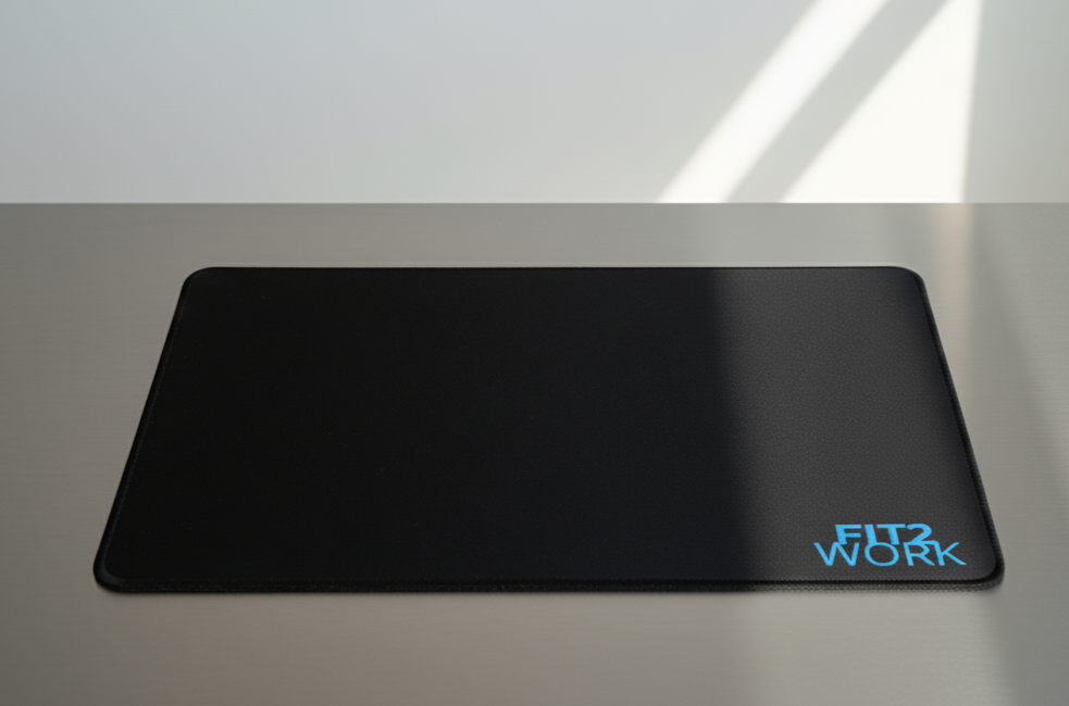 Detalhe da personalização do logótipo FIT2WORK num tapete de rato. A técnica de Sublimação garante cores vibrantes e impressões de alta qualidade, perfeita para merchandising e decoração.